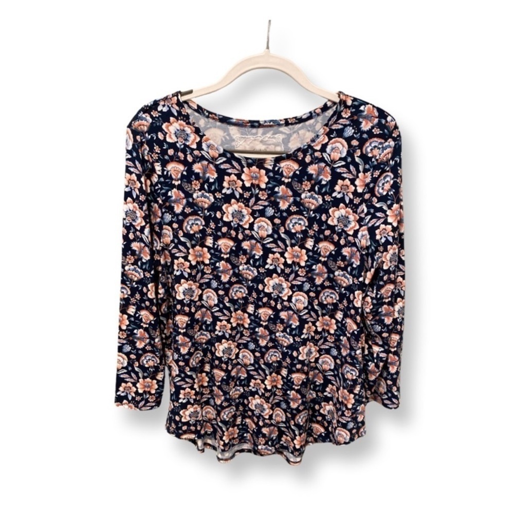 Cupio Long Sleeve Navy Floral Scoop Neck Top Size XL